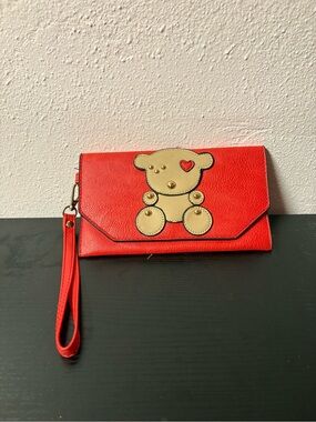 Red Teddy Bear Wristlet Clutch Wallet Faux Leather Novelty Pouch
